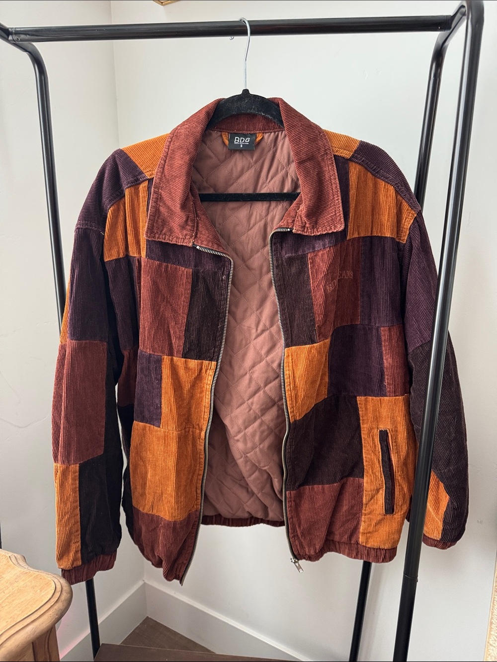 BDG Patchwork Corduroy Bomber Jacket - Orange & Burgundy